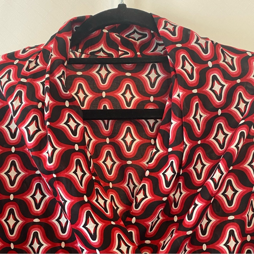 Womens Art Deco All Over Geometric Pattern Drape Collar Wrap Blouse Medium Boho - Picture 5 of 16